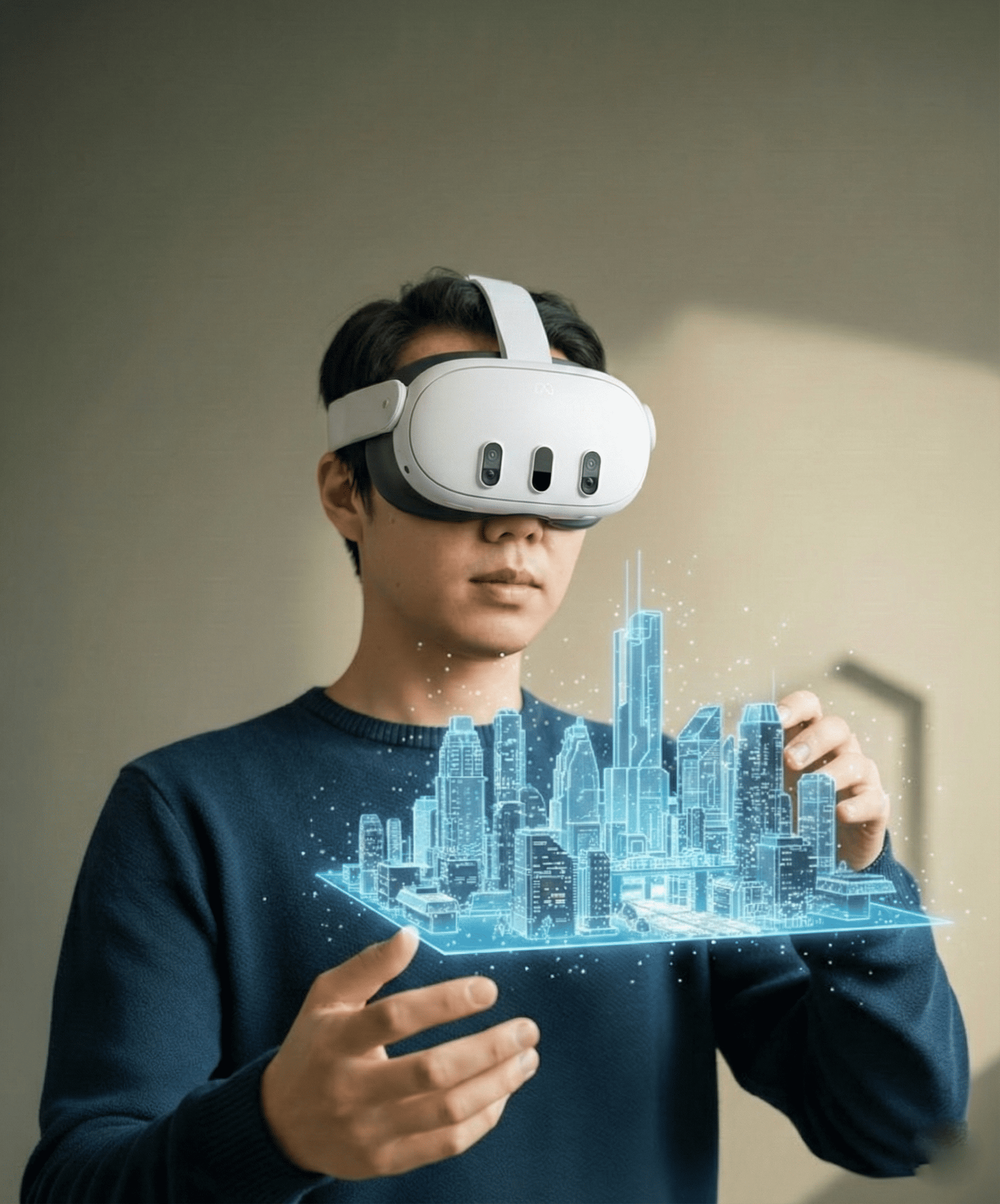 Person wearing a VR headset, experiencing a virtual architectural environment.